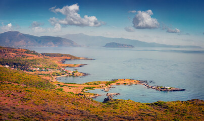 Obraz premium Long phocus view of Saint Phocas church. Amazing outdoor scene of Peloponnese peninsula, Greece, Europe. Beautiful summer seascape of Mediterranean Sea.Traveling concept background..