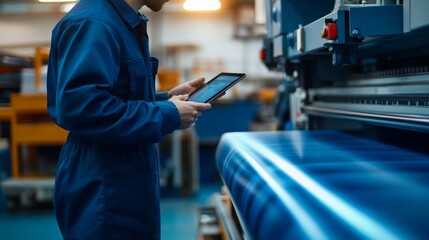 Industrial worker using digital tablet for quality control in modern manufacturing facility