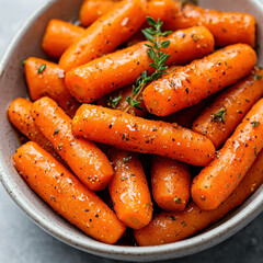 Bowl of glazed baby carrots with honey and thyme, seasoned with pepper