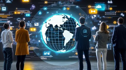 Global Visionaries: A diverse group of professionals stand united, gazing upon a glowing holographic representation of the globe amidst a constellation of data and digital icons. - Powered by Adobe