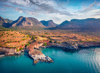 Aerial summer view of popular tourist destination - Geopark of Agios Nikolaos, also known as...