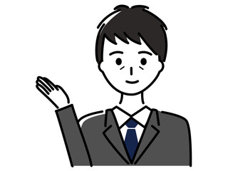 手を向けて何かを紹介するスーツを着た中年男性