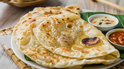 An appetizing roti canai is showcased. The roti canai has a flaky and golden - brown exterior, formed by skillfully folding and frying the dough. Its layers are clearly visible, giving it an appealing