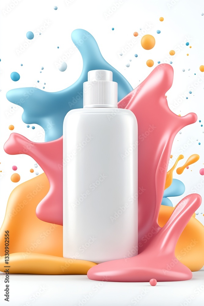 Poster stylish white container for skincare surrounded by bright splashes of paint in artistic display : ge