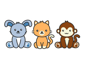 Set of cartoon cute animals including cat, rabbit, monkey. Animals for magazines, postcards. Vector illustration