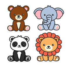 Fototapeta premium Set of cartoon cute animals including beat, elephant, panda, lion. Animals for magazines, postcards. Vector illustration