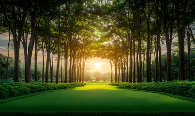 Obraz premium Serene sunrise through trees lining a lush green golf course fairway. Peaceful morning scene.