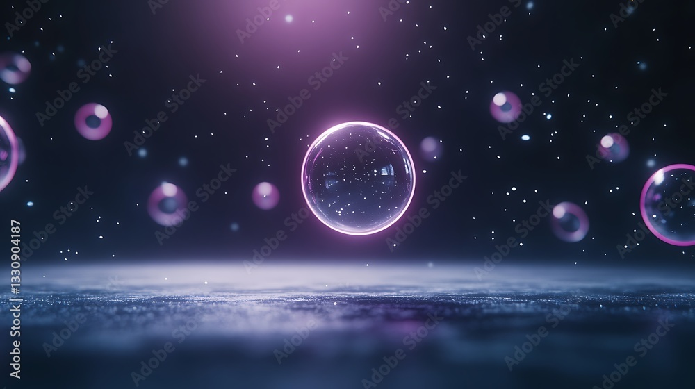 Poster Floating bubbles in a mystical space with a soft purple glow and sparkling effects.
