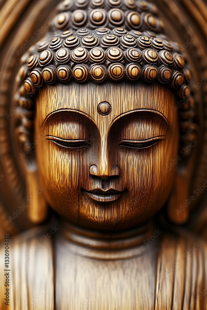 Aufkleber elegant wooden buddha statue with detailed facial features and serene appearance, perfect for enhanc