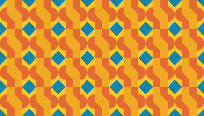 Vintage style pattern with bold colors repeating with circular and square elements, giving a classic look with a modern twist and bold colors.