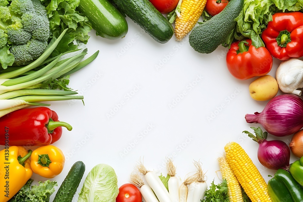 Poster bountiful collection of fresh vegetables framing a blank space for text : generative ai