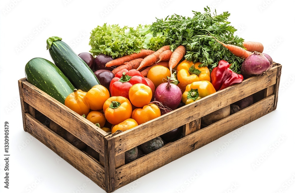 Poster fresh and colorful assortment of vegetables in a rustic wooden crate : generative ai