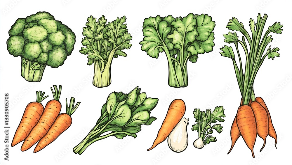 Aufkleber diverse fresh vegetables display featuring broccoli spinach carrots and fresh herbs ready for cookin