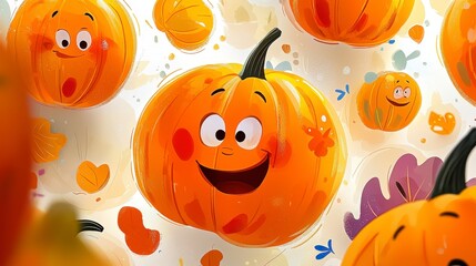 A whimsical wonderland unfolds with this seamless cartoon pumpkin pattern, each gourd radiating charm and cheer Funny expressions dance across their orange surfaces, inviting smiles and laughter This
