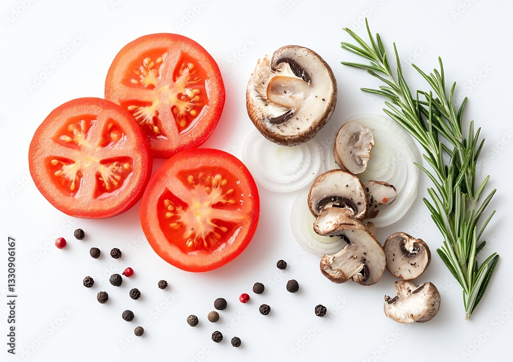 Poster fresh tomatoes paired with sliced mushrooms and white onion prepared for a healthy culinary experien