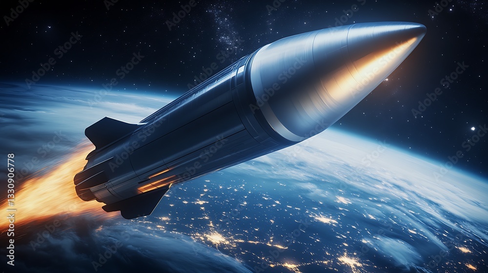 Aufkleber rocket launching into space above earth with bright flames and starry background : generative ai