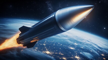 Rocket Launching into Space Above Earth with Bright Flames and Starry Background : Generative AI