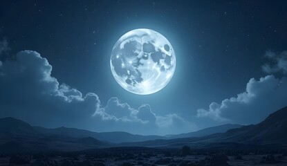 Fototapeta premium This image depicts a stunning full moon dominating a night sky, casting a soft, ethereal glow over a rugged landscape.