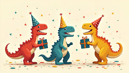 Three Cheerful Dinosaurs Celebrating a Birthday with Gifts and Confetti
