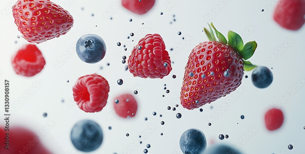 Poster Appetizing strawberries blueberries and raspberries displayed in a floating motion creating a vibrant background : Generative AI