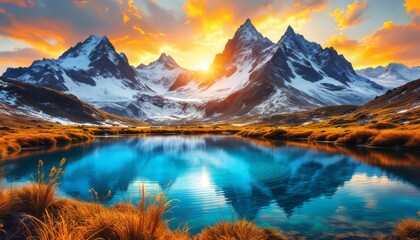 Fototapeta premium A serene alpine lake mirrors the surrounding snow-capped mountains and golden sunset sky