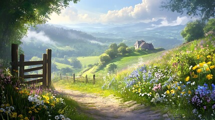 Fototapeta premium Sunny hill path, flowers, cottage, misty mountains