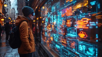 Obraz premium Person viewing futuristic digital storefront display.