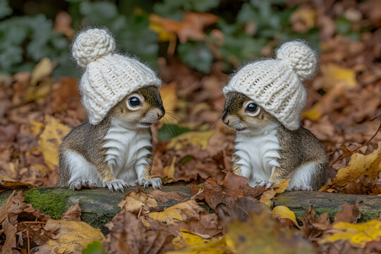 Two adorable baby squirrels wearing tiny knitted winter hats, sitting amongst autumn leaves.  Perfect for greeting cards or autumnal themed projects.