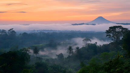 Aerial Vista of Misty Mountain and Verdant Forest at Sunrise with Golden Sky in the Background