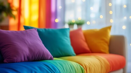 Vibrant rainbow living room with cozy cushions and colorful lighting ambiance