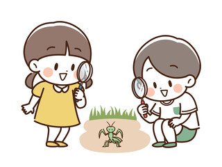 虫眼鏡_カマキリを見るこども