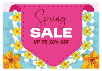 Spring sale banner with flowers and discount display.