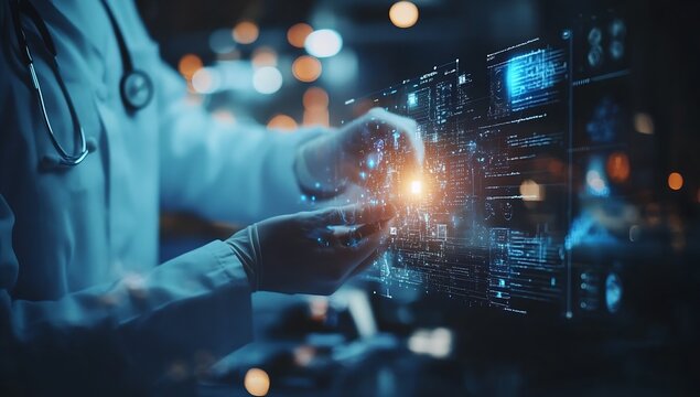 Healthcare professional manipulating holographic data interface in clinical setting demonstrating modern medical technology : Generative AI - Powered by Adobe