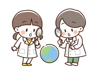 虫眼鏡_白衣を着て地球を見るこども