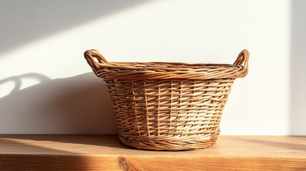 Fototapeta premium A large wicker storage basket placed next to a wooden shelf, with a simple, bright backdrop providing plenty of copy space.