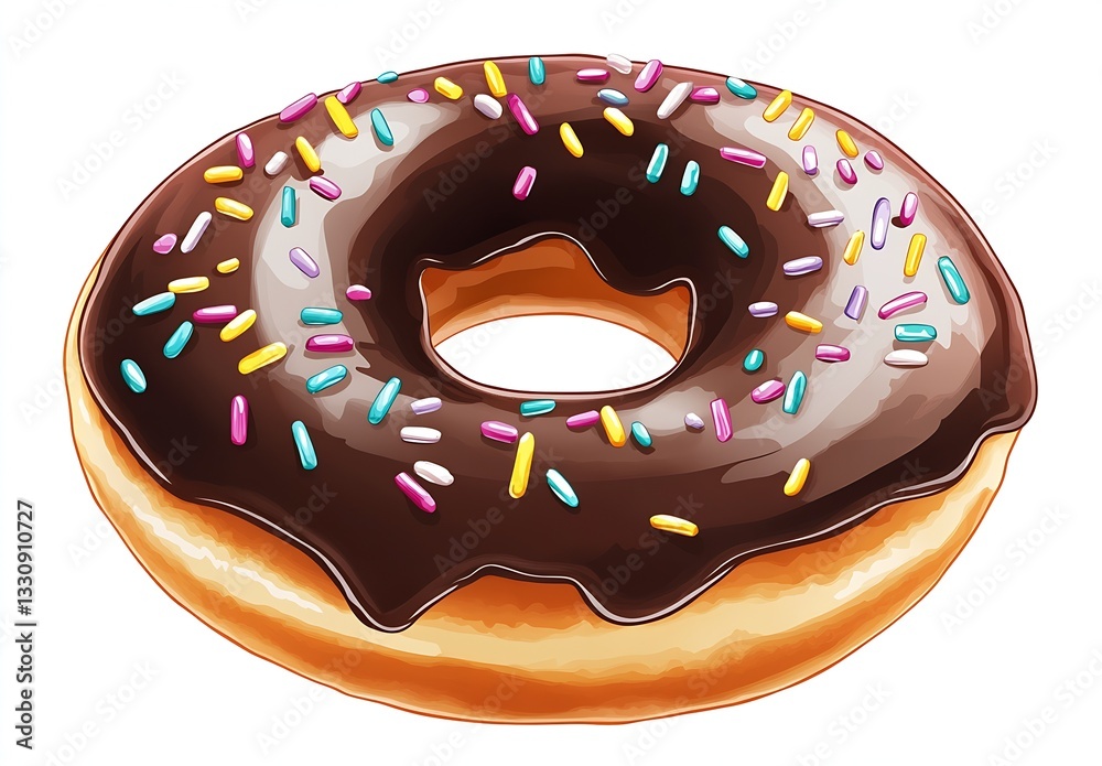 Poster artistic illustration of a chocolate donut with vibrant sprinkles on top and a fluffy texture : gene