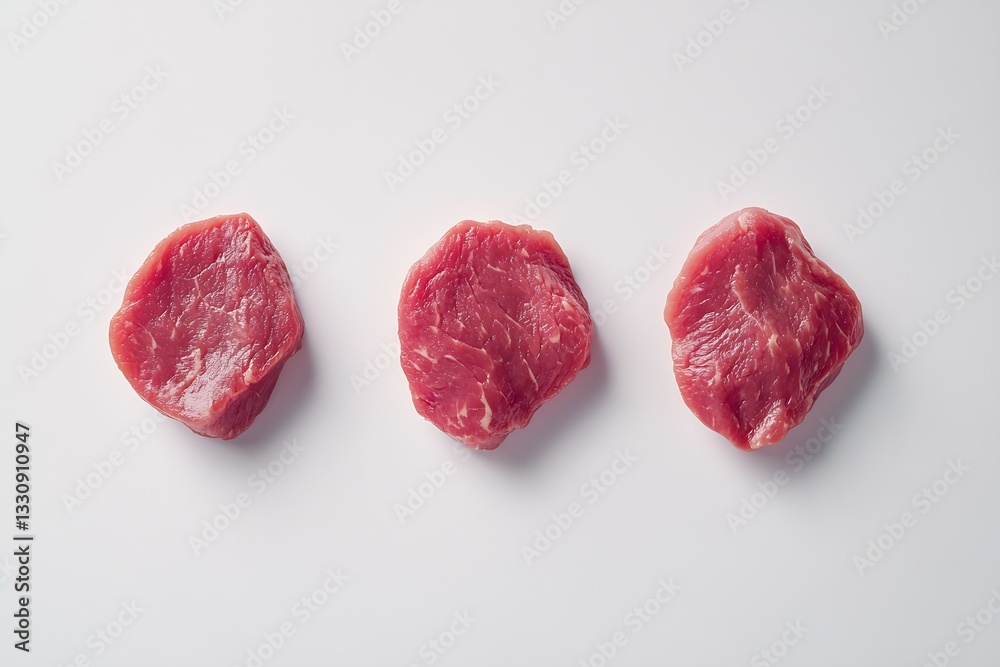 Poster Three uniform pieces of fresh raw beef displayed on a white background emphasizing their rich color and texture : Generative AI