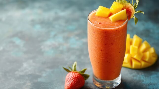A refreshing fruit smoothie in a glass with a tropical fruit garnish, leaving space for copy or text overlay.