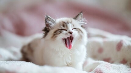 Fototapeta premium Adorable fluffy kitten yawning on cozy pink blanket for cute animal appeal