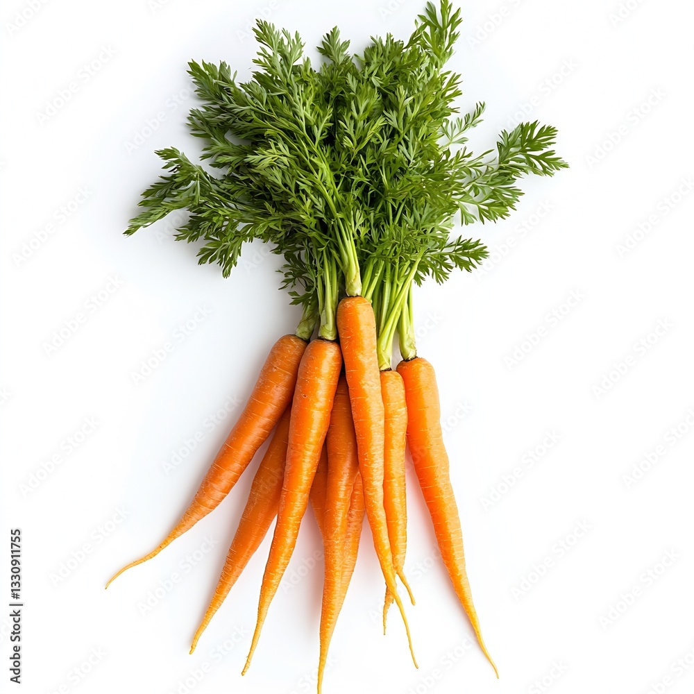 Poster bunch of fresh carrots with green tops arranged aesthetically on a clean white background : generati