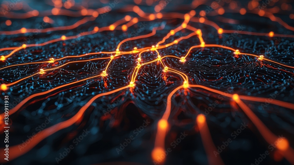 Fototapete Dynamic network patterns illuminated digital landscape abstract art technology close-up visual concept