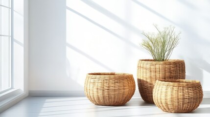 Fototapeta premium A simple arrangement of wicker storage baskets in a bright room, leaving plenty of space around them for text or visual elements.
