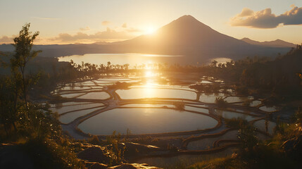 Golden Sunset Over Rural Rice Terraces and Distant Mountain Landscape with Warm Lighting and Pixelated Texture