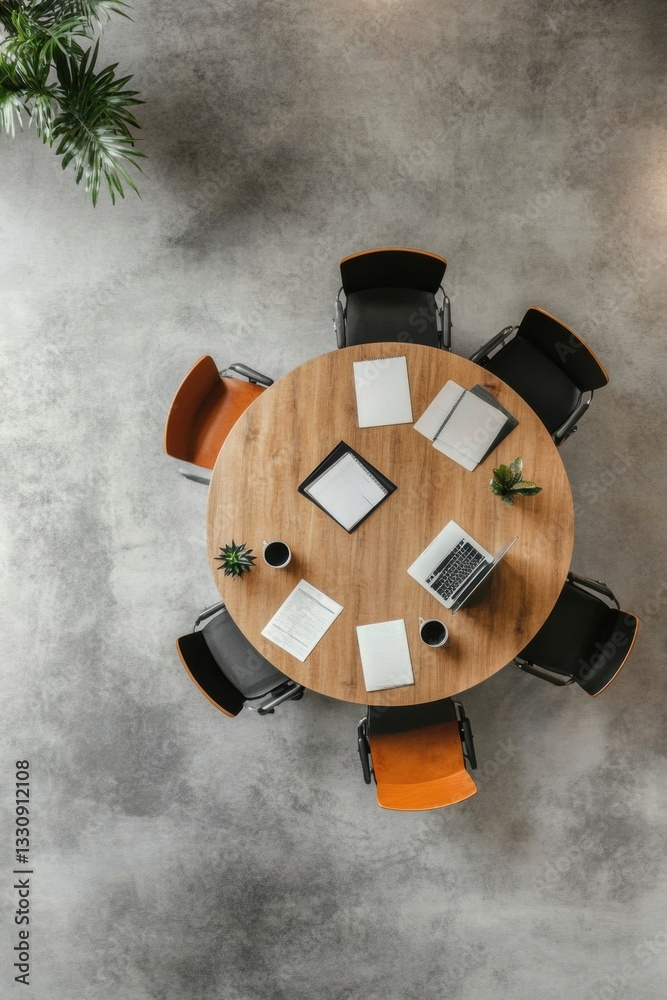 Poster Minimalist Collaborative Workspace Nordic-Inspired Round Table with Adaptive Ergonomic Seating - Flexible Modern Office Design for Hybrid Team Connectivity