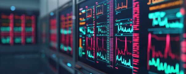 Data analysis in a high-tech control room modern office digital displays futuristic environment close-up view