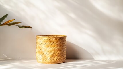 Fototapeta premium A single wicker storage basket with a subtle pattern, placed on a light background with plenty of room for text.