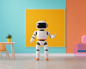 Obraz premium Future-Forward AI Education Minimalist Robotic Learning Assistant in Vibrant Pop Art Classroom - Innovative Digital Pedagogy for Next-Gen Immersive Experiences