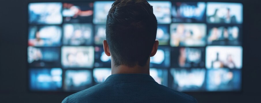Surveillance monitoring control room digital media dark environment rear view security analysis