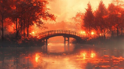 As the season of mists and mellow fruitfulness descends, an enchanting bridge emerges from the ethereal embrace of a hazy autumn morning Glowing trees, their leaves ablaze with vibrant hues of red