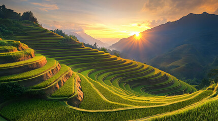 Green Rice Terraces on Mountainside at Sunset in Hazy Weather with Warm Sunlight